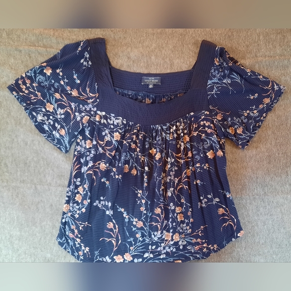 Lucky Brand Blouse Womans Medium Navy Floral Peasant Lightweight Boholemian - Picture 6 of 12